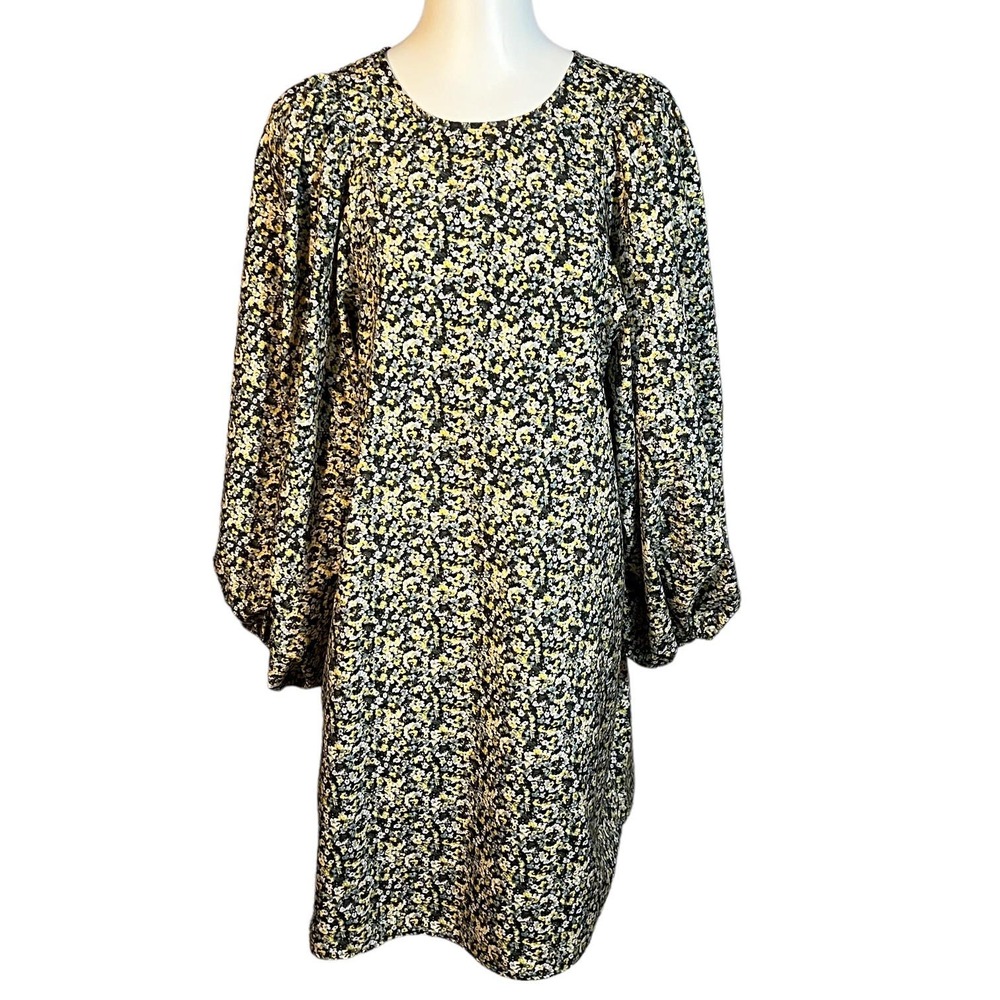 Medium H&M Mini Dress Balloon-Sleeve Floral Keyhole Yellow Black Scandi Coverup